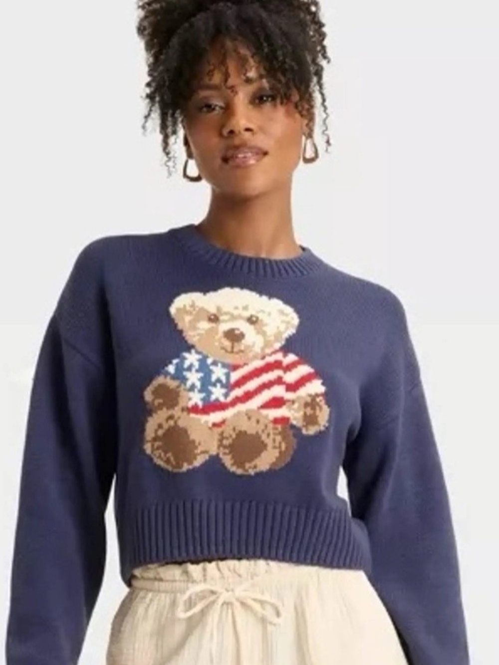 Grayson Threads Navy Crewneck Crop Sweater with Teddy Bear Graphic